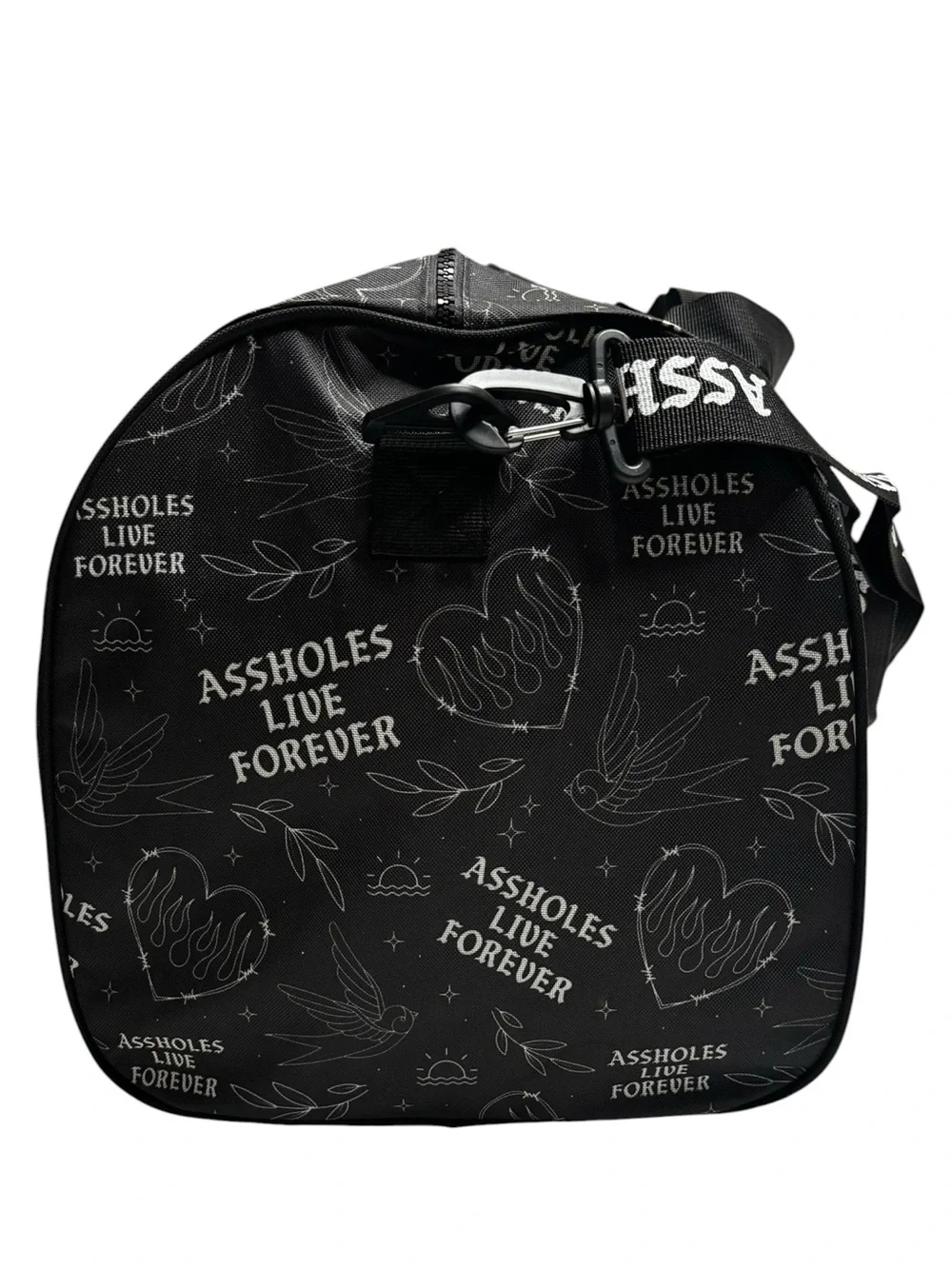 Assholes Live Forever Emotional Baggage Black Flame Bird Heart Duffel Bag NWOT
